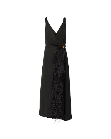 prada black dress with feathers